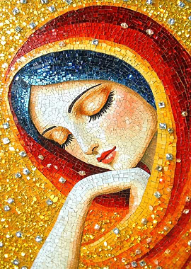 Mosaic Portrait of Virgin Mary in Red and Gold