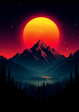 Retro Sunset Mountain Landscape