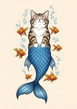 Mermaid Cat with Goldfish