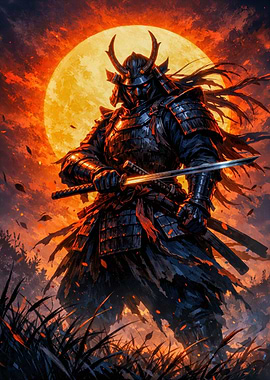 Samurai Warrior Under a Full Moon