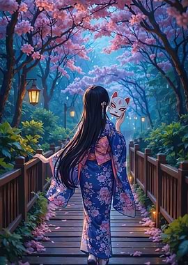 Woman in Kimono with Fox Mask