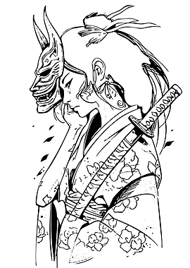 Samurai Woman with Oni Mask and Katana