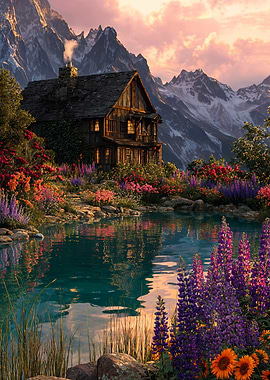 Scenic Mountain Cabin Floral Pond