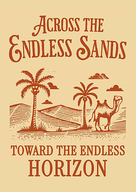 Desert Camel Poster, Endless Sands Wall Art, Vintage Desert Landscape, Dunes Illustration Decor