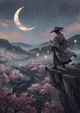 Samurai Overlooking Cherry Blossoms