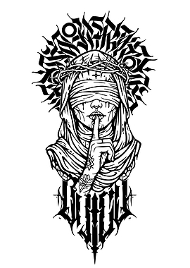 Blindfolded figure with crown of thorns