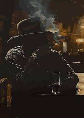 Cowboy smoking and drinking in a bar