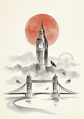 London Landmarks in Watercolor Style