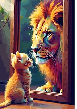 Kitten looks at lion reflection