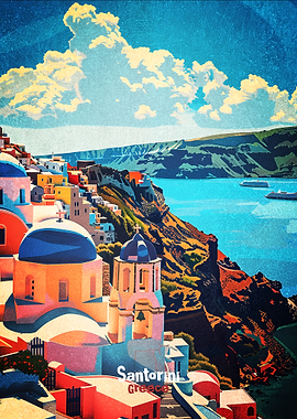 Santorini Greece Vintage Travel Poster