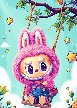 Cute Pink Monster on a Swing