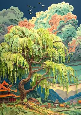 Paper Cutout Landscape with Willow Tree