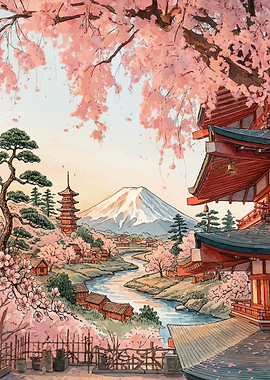 Japanese Landscape with Cherry Blossoms