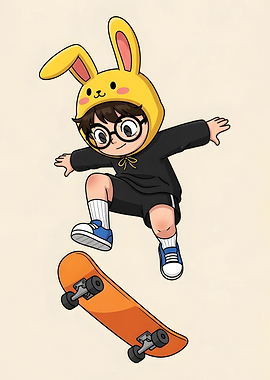 Cute Kid Skateboarder in Bunny Hat