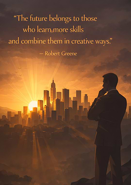 Man contemplating city at sunrise