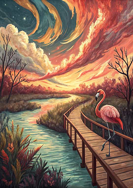 Flamingo on a Boardwalk at Sunset