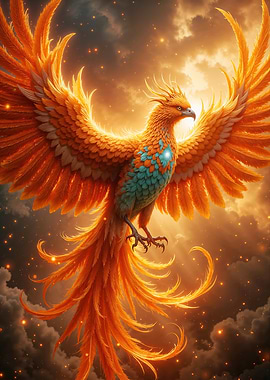 Majestic Fiery Phoenix in the Clouds