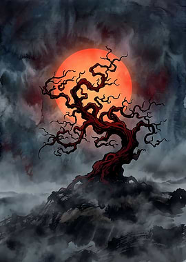 Gnarled Tree Under Red Moon