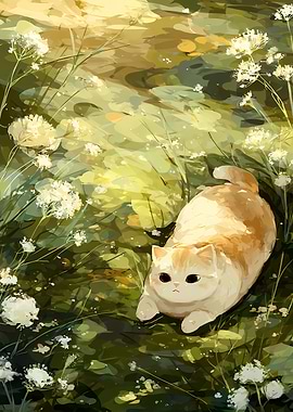 Cute Cat in a Field of Flowers