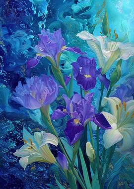 Vibrant Blue Irises and White Lilies