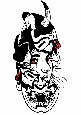 Japanese Oni Mask and Woman Portrait