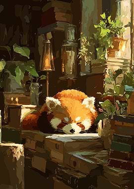 Red Panda Sleeping Among Books and Plants