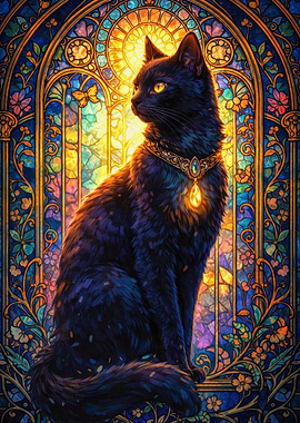 Black Cat in Stained Glass Window