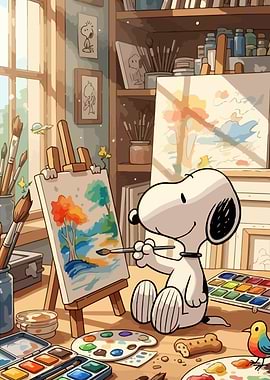 Snoopy painting a landscape