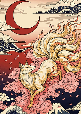 Kitsune Fox with Crescent Moon and Mt. Fuji