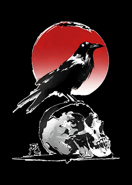 Raven on Skull with Red Sun