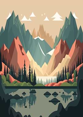 Geometric Mountain Landscape with Lake