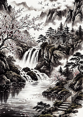 Japanese Mountain Landscape with Waterfall and Temple