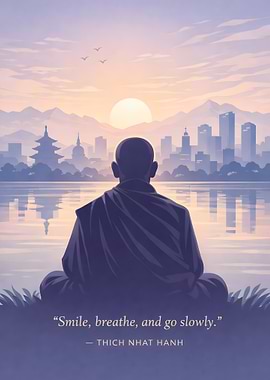 Monk meditating at sunrise over city