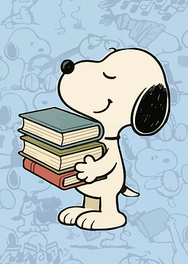 Snoopy holding a stack of books