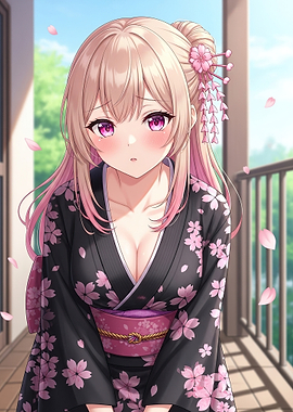 Anime Girl in Kimono with Cherry Blossoms