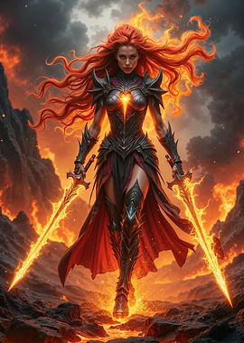 Fiery Warrior Woman with Swords