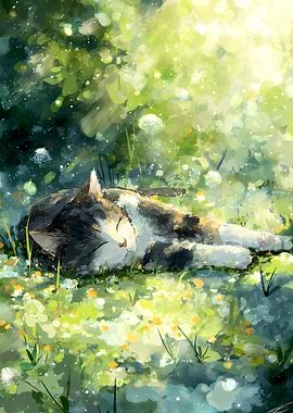 Cat Sleeping in a Sunny Meadow