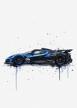 Blue and Black Sports Car Watercolor