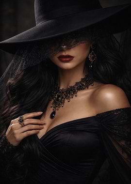 Gothic Woman in Black Hat and Dress