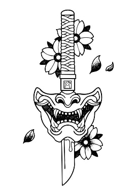 Samurai Mask and Sword Tattoo Design