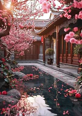 Tranquil Courtyard with Cherry Blossoms
