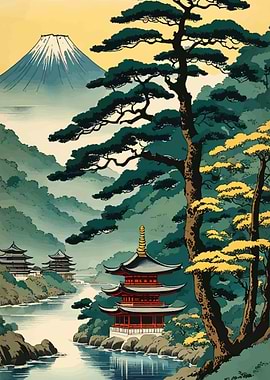 Japanese Pagoda and Mount Fuji Landscape