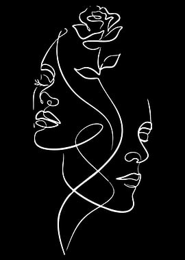 Abstract Line Art Faces and Rose