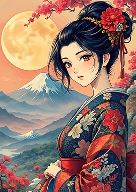 Anime Woman in Kimono with Mount Fuji