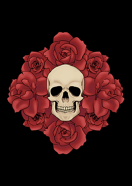 Skull Surrounded by Red Roses