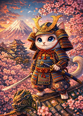 Samurai Cat with Mount Fuji