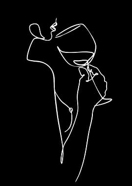 Woman Drinking Wine Line Art