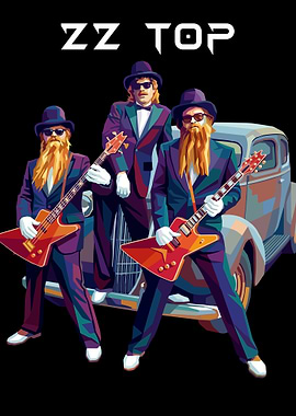 ZZ Top Band with Guitars and Car