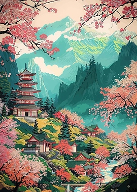 Japanese Pagoda Amidst Cherry Blossoms