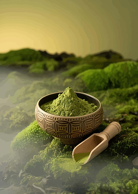 Matcha powder in a bowl with a scoop
